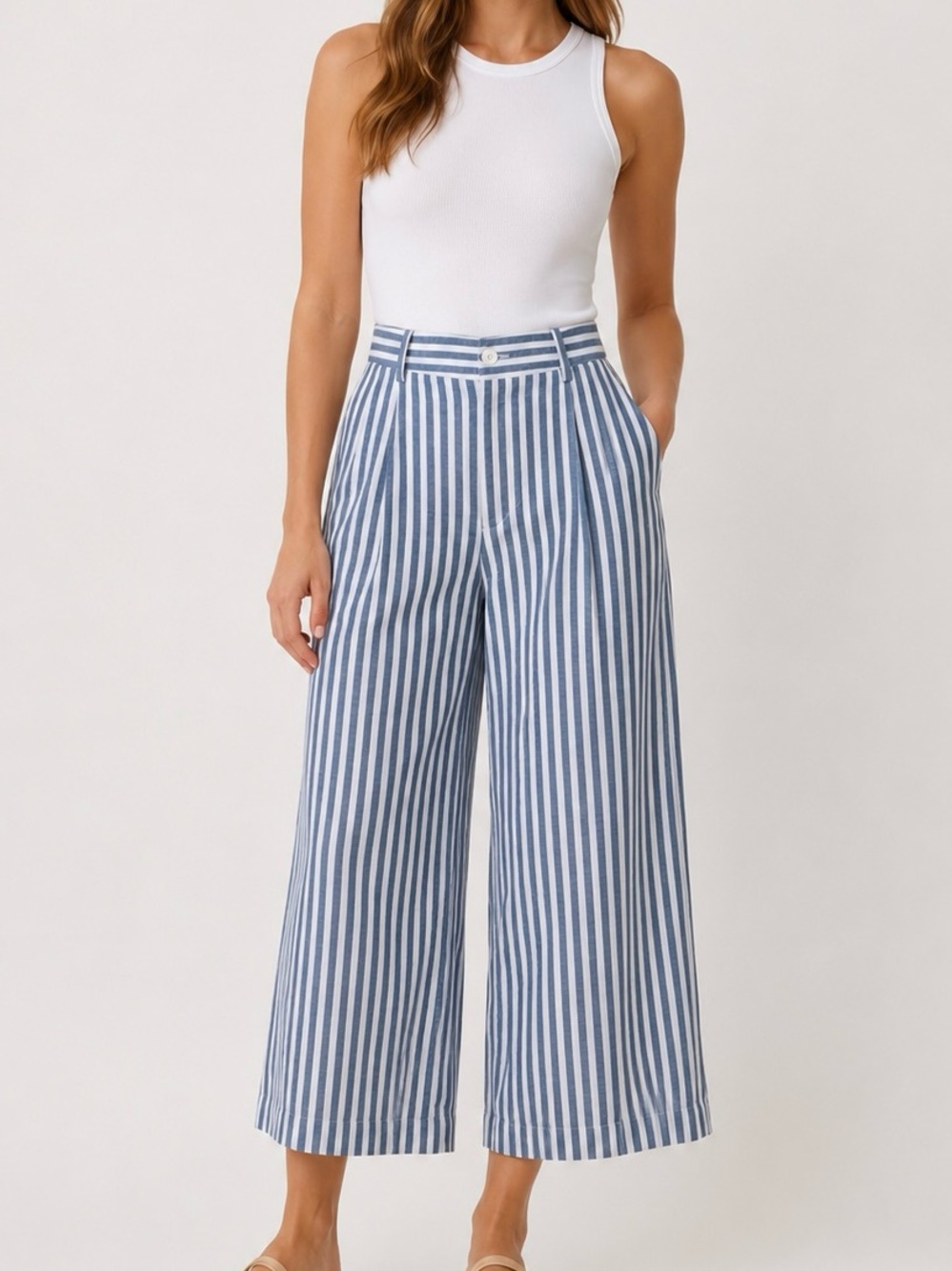 A New Day Striped Wide-Leg Cropped Trousers blue white small